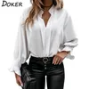 Outono Blusa Branco Mulheres Moda V-Neck Ruffle Manga Longa Elegante Escritório Senhoras Camisas Plus Size Tops Casuais e Blusas Femme 210719