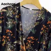 V-hals Retro print lange mouw boho stijl een lijn vintage dame mini jurk lente zomer vestido de mulher 210413