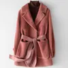 Women's Fur & Faux 2021 Fashion Autumn Women High Quality Wool Leather Coat Chic Pockets Belt C560