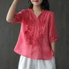ジョニー教のラミー刺繍ビンテージ女性シャツVネック半袖夏中国風ブラウスルーズ6色トップス210521
