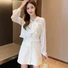 Fall Two piece set Women Chiffon Patchwork Tweed Bowknot Long Sleeve Ruffles Shirt Top + A-line Mini Skirt Suits 210519