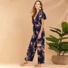England Style V Neck Short Sleeve Print High Waist Wide Leg Pants Rompers Womens Loose Casual Ankle-length Jumpsuits 210603