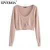 Women Fashion With Ribbed Trims Cropped Knitted Cardigan Sweater Vintage Long Sleeve Female Outerwear Chic Tops 210416