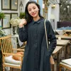 Johnature Women Striped Vintage Skjortor Klänningar Bomull Knapp Vår Casual Kvinna Koreansk stil Mjuka A-Line Klänningar 210521