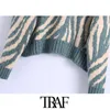 TRAF Women Fashion Jacquard Animal Print Loose Crop Knit Sweater Vintage O Neck Long Sleeve Female Pullovers Chic Tops 211011