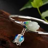 100%925 Sterling Silver Women ArmeletsBangles With Natural Jade Graved Magnolia Flower Cloisonne Emamel Process Open Jewelry Bangle