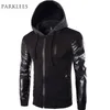 Cool Hooded Jacket Men Spring Fashion Pu Leather Sleeve Splice Bomber Jacket Casual Windbreaker Blouson Veste Sweat Homme X0621