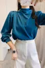 Vintage designer style bleu marine col montant boutons satin bureau dame élégante blouse femmes merde hauts 2XL 210421