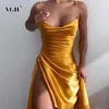 Seksowna sukienka sling Seksowna Gold Side Dla Kobiet Kwadratowy Collar Bez Rękawów Sznurek Slim Solid Midi Suknie Kobiety Moda Styl 210531