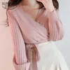 Koreanische Chic Herbst Kreuz V-ausschnitt Pullover Rosa Spitze Up Bandage Dünne Kurze Mit Boden Pullover für Frauen Pull Femme 11978 210528