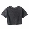 YOZOU Women Retro Vintage Letters Embroidery Summer Distressed Black O-Neck Crop Top Tee Tshirt for Female 210722