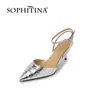 SOPHITINA Thin Heels Sexy Women Shoes Summer Stylish Party Pointed Toe Genuine Leather Slingback Silver Modern Sandals FO285 210513