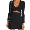 LossKy Hollow Out Bodycon Mini Dress Sexy V Nevk Långärmad Pläterad Kvinnor Höst Vinter Elegant Party Club ES Causal 210507