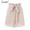 Satin ruffle bow summer women Casual soft beach elastic waist Chic pink loose streetwear shorts femme 210414