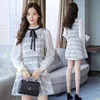 Winter Women Tweed Stitching Plaid A Line Long Sleeve Ribbon Bow Tie Stand Collar Fake Two Piece Wool Dress 210416