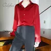 Spring Vintage Women Satin Blouse Long Sleeve Green Red Silk Office Lady Shirt Tops 210415