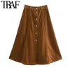 Moda femenina con botón de metal Corduroy Midi Falda Vintage Cintura Alta Cinturón Amarreado Hem Faldas Mujer Mujer 210507