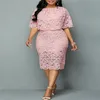 Casual Sukienki Lato / Jesień 2021 Sukienka Plus Size Elegancka Różowa Koronkowa obiad