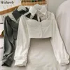 Donna Sexy Manica lunga Crop Top Off spalla Solid Slim Camicia Halter Colletto rovesciato Estate Coreano Elegante Blusas 210519