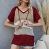 Summer Women Mesh Contrast Color Patchwork T Shirt Shirring Hooded Knitted V Neck Ladies Tee Shirt Casual Office Streetwear Tops 210608