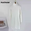 Aachoae Solid Stickad Lång Dres Höst Vinter Turtleneck Långärmad Sweater Klänning Lady Split Loose Casual Dress Vestidos 211221