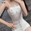 Sexy White Hollow Out Body for Women Square Colllar Sin mangas Alta Cintura Slim Body Slim Style Style 210531