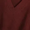 Vintage Woman Burgundy Luźne V Neck Dzianiny Krótka Kamizelka Jesień Oversized Miękkie Smefeles Swetry Kobiet Przypadkowi Topy 210515