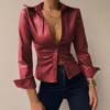 Blouses Femmes Chemises Casual Pu Patchwork Shirt Chemisier Femme Hiver Fashion Bouton À manches longues TOP TOP TOP TOP TOP TOPS MINIGHTSTOTOOTTOTH