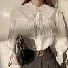 Смотреть сквозь рубашку Женщины Pliated Blouse Весна Мода Блузки Изгнанные Воротник Однобортные Свободные Топы Blusas 13078 210417