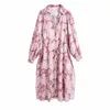 Summer Women Paisley Printing Side Slit Pink Midi Shirt Dress Female Long Sleeve Clothes Casual Lady Loose Vestido D7692 210430