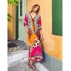 Boho Printed Bikini Cover-ups Elegant V-neck Short Sleeve Plus Size Kaftan Summer Women Beach Wear Swim Suit Cover Up Q1258 210420