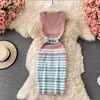 Summer Women Knitted Dress Multi-color Striped Stretch Bodycon Sexy V-neck Sleeveless Tight Fit Casual Streetwear 210603