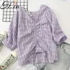 Hsa dames zomerkleding halve mouw gedraaid plaid blusa en shirts Koreaanse mode blouses boog purple roze zomer tops 210716