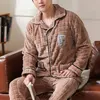 남성 잠옷 겨울 두꺼운 따뜻한 부드러운 플란넬 잠옷 세트 남자 야간 Pijama 긴 소매 파자마 정장 캐주얼 homewear 45kg-105kg