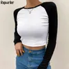 Kontrastfärg Ribbed Y2K estetiska Harajuku Crop Tops Kvinnor Fall O-Neck Långärmad Casual Basic T Shirt Femme 210510