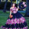 2021 Vintage Mexicaanse Quinceanera Jurken Charro Dark Navy Floral Applicaties Off The Shoulder Corset Sweet 15 Jurk 16 Girls Plus Size Baljurk
