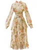 Palace printed dress autumn female western style ruffled irregular Office Lady Polyester 210416