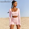 Col carré à manches longues Crop Top et taille haute courte 2 pièces Ensembles Casual Fitness Sportswear Survêtement Set 210604