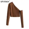 KPYTOMOA Kvinnor Fashion Hollow Out Cropped Stickad Sweater Vintage Asymmetrisk Neck Långärmad Kvinnlig Pullovers Chic Toppar 210812