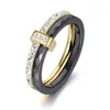 Lokaer 2 warstwy czarny / biały ceramiczny kryształ obrączki biżuteria róża / biała złota stal nierdzewna Rhinestone Engement R18054 x0715