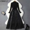 Winter Women Set Full Sleeve Stand Collar Pullover Mesh Lace Pläterad Kjol 2 Piece Black Patry Dress 210520