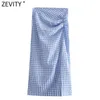 Zevity女性のファッション格子縞の印刷プリーツスリムスカートファルダスマジャーの女性セクシーなハイスプリットvestidosバックジッパーミディスカートqun752 210603