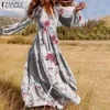 ファッションパフスリーブローブフェムメプラスサイズの女性の秋ロングドレスZanzea vネックフリルドレスビンテージ花柄プリントvestidos 5xl x0521