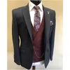 Mäns kostymer Blazers 2022 Svart Män Burgundy Vest Bröllop Tuxedos Custom Blazer Slim Fit Grooms Mens Wear Prom Dress 3 st Jacket + Vest + Pant