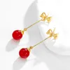 Round Ball Red/Green Artificial Gemstone Bow Dangle Earrings Women 18k Yellow Gold Filled Long Style Pretty Gift