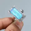 Anéis de casamento vintage cor prata anel grande retângulo pedra noivado de pedra bonito fêmea branco azul fogo opala para mulheres jóias