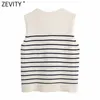 Women Fashion V Neck Striped Print Knitting Sweater Ladies Sleeveless Single Breasted Vest Chic Cardigans Tops SW823 210416