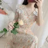 Mulheres Chiffon Vestido Verão Coreano Manga Curta Floral Midi V-Neck Bohemia Beach Casual Lace Vestidos Feminina 210510