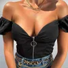 Frill Puff Sleeves Low Cut T-shirt Kvinnor Toppar Sommar Sexig V-Neck Zipper Fram Skinny Crop Tops Off Shoulder Bodycon Tees G220228