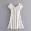 FORIDOL OFF SOLOR VIT EMBRIERHERY DRESS SUMMER Women Crochet Lace Up Beach Dress Button Flare Sleeve Bomull Klänning Vestidos 210415